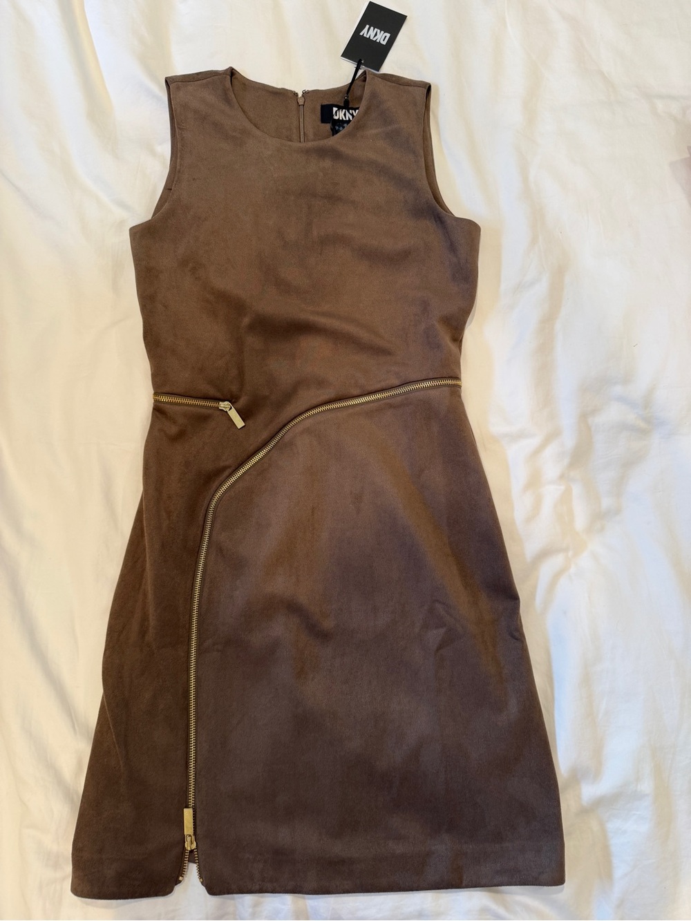 DKNY Brown Sleeveless Mini Dress with Asymmetrical Gold Zip